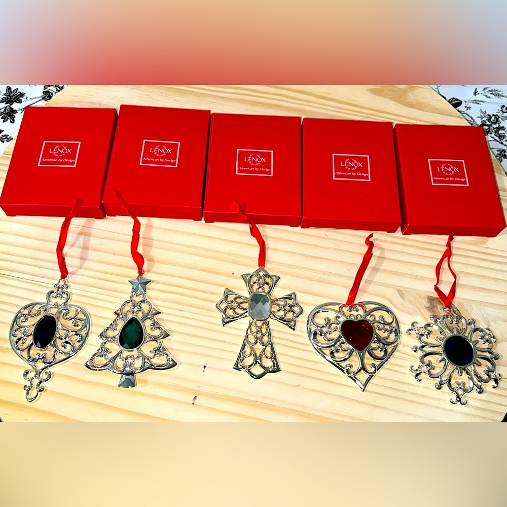 Lenox Bejeweled Silverplate Christmas Ornaments 5pc